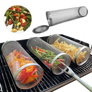 Round BBQ Basket Stainless Steel Rolling Grilling Basket
